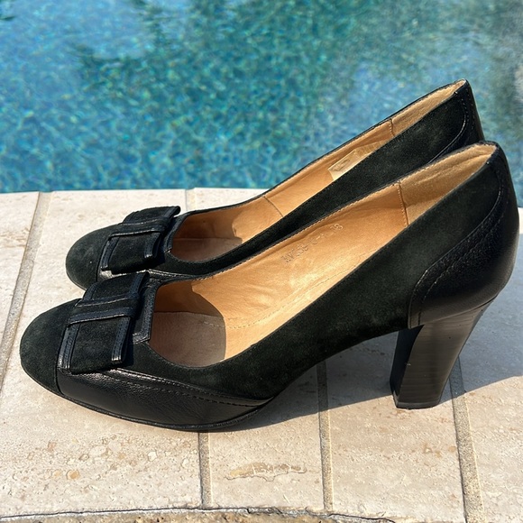 Black Pumps Size EU38 US7.5 Learher and Suede Bow Detail Front High Heel - Picture 5 of 12